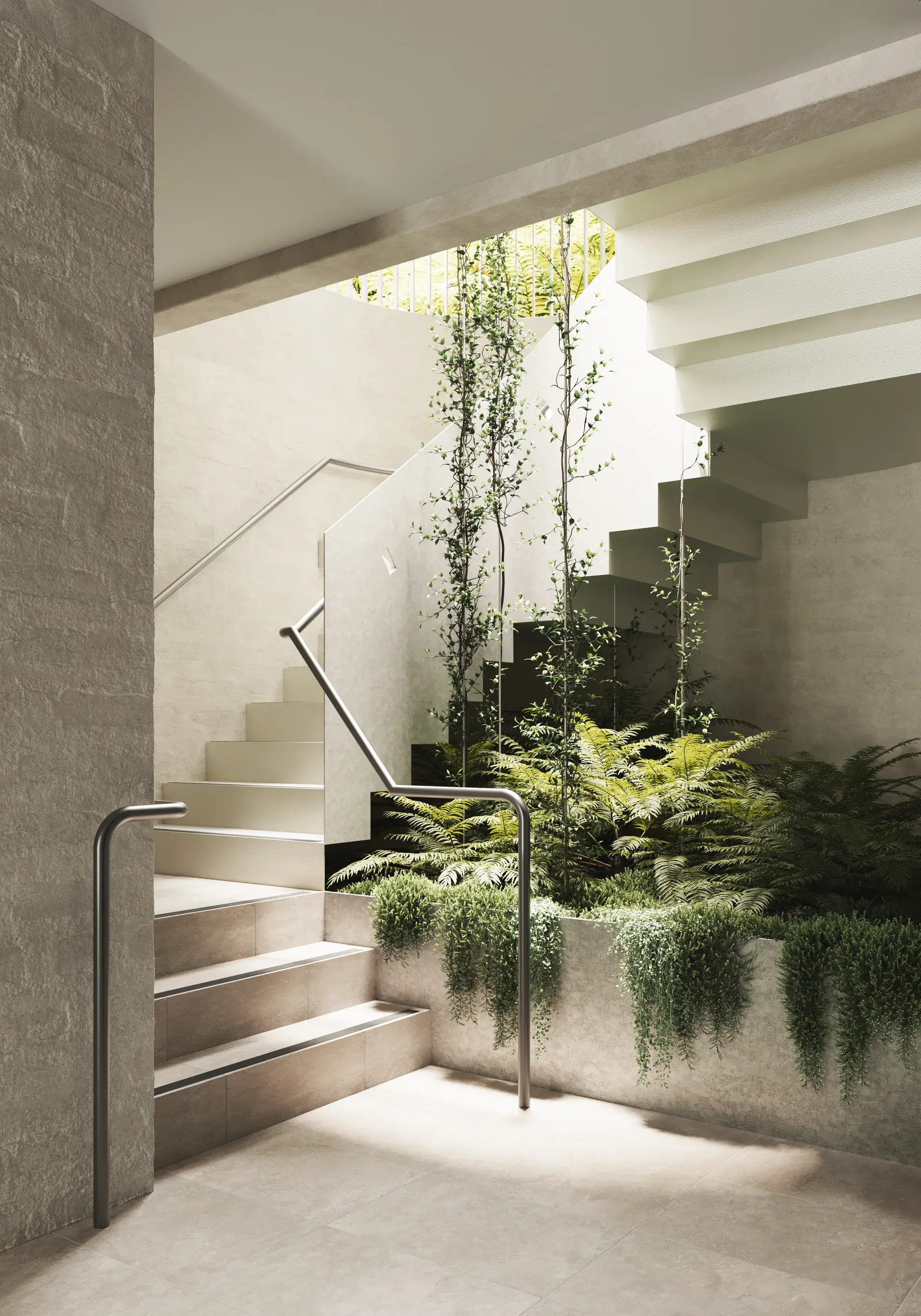 An interior render of a stairwell with sculpted concrete steps and brushed metal handrails, arranged around a planted void filled with ferns and cascading greenery. Natural light filters from above, highlighting the tactile contrast between smooth concrete, stone finishes and vegetation.
