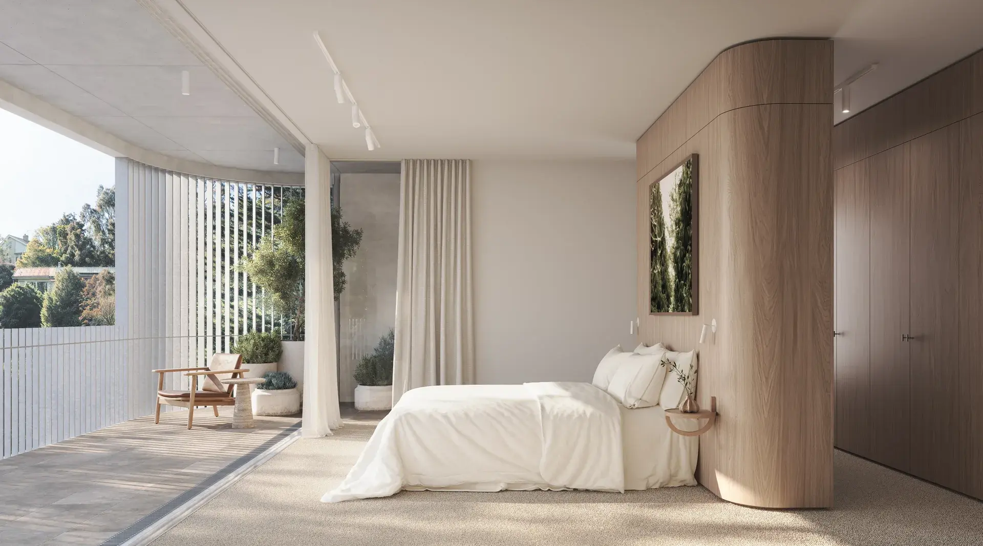 An interior bedroom render featuring a timber-lined wall with integrated joinery, soft carpet underfoot and a minimal palette of natural materials. Full-height glazing opens onto a private terrace, with vertical balustrades and planting providing filtered views and privacy.