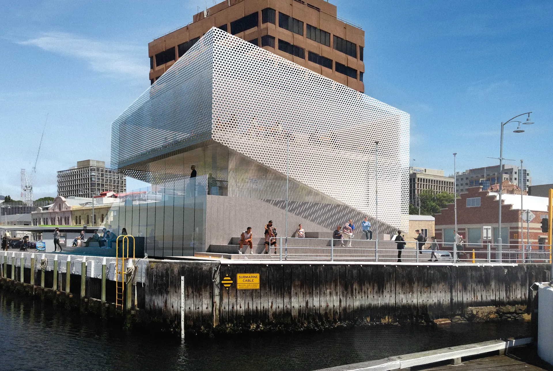 Composite image illustrating the building's translucent shroud from another angle, merged into a photograph of the Franklin Wharf.