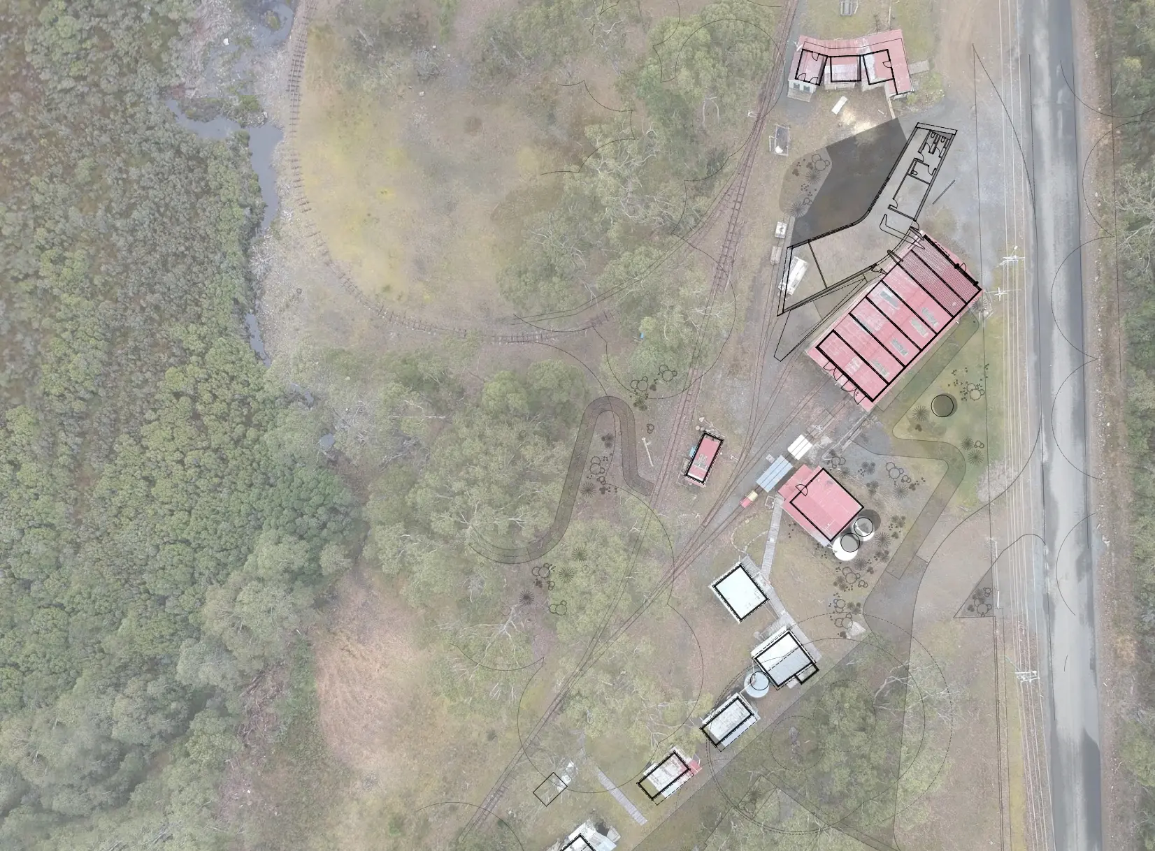 A diagrammatic plan overlaid across an aerial photograph, illustrating the proposed visitor centre within the site.