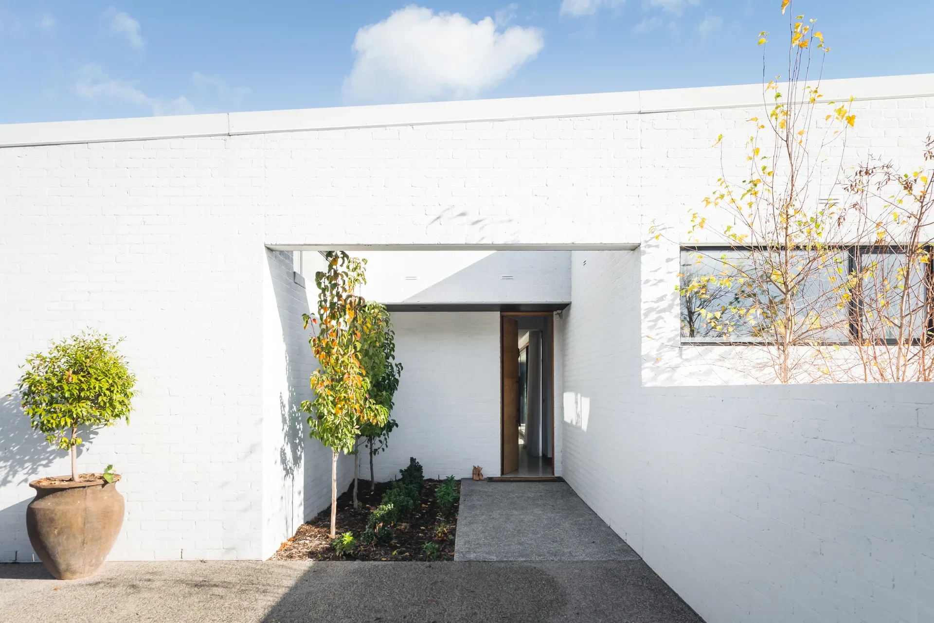 A white brick exterior features a recessed entryway with a wooden door and a concrete path. A large clay planter and small trees are positioned against the wall on the left under a clear blue sky.