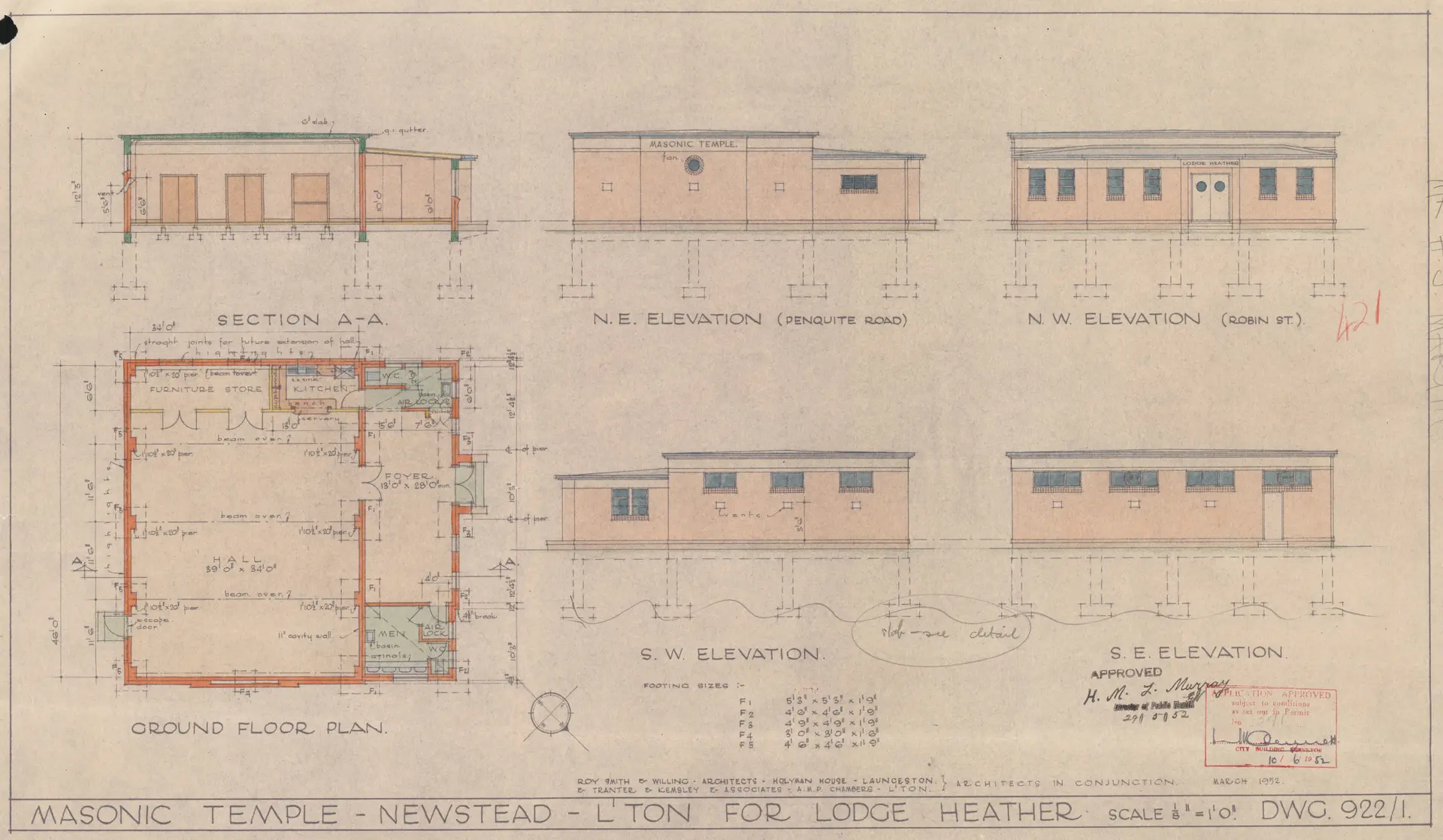 The original architect's drawings of the one storey Masonic Lodge from March 1952.