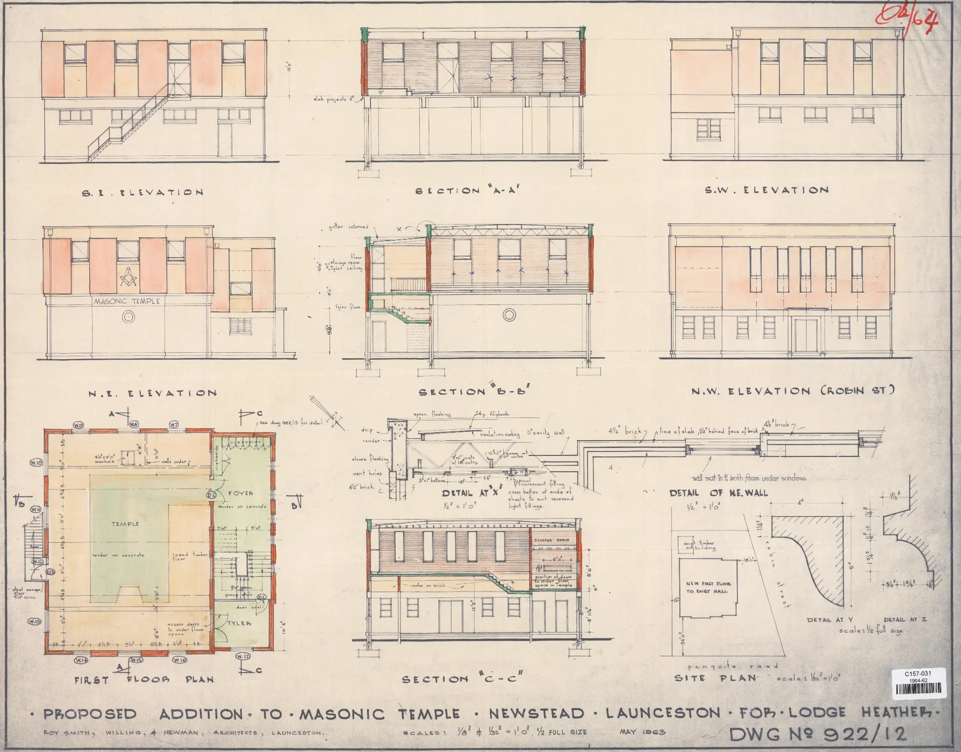 The original architect's drawings of the second storey extension to Masonic Lodge from May 1963.