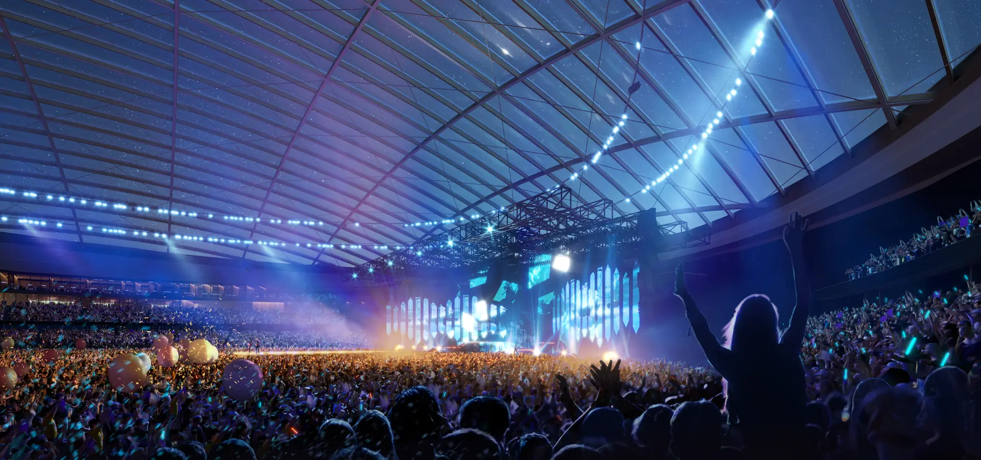 A rendered image of the interior of the stadium during a night time event.
