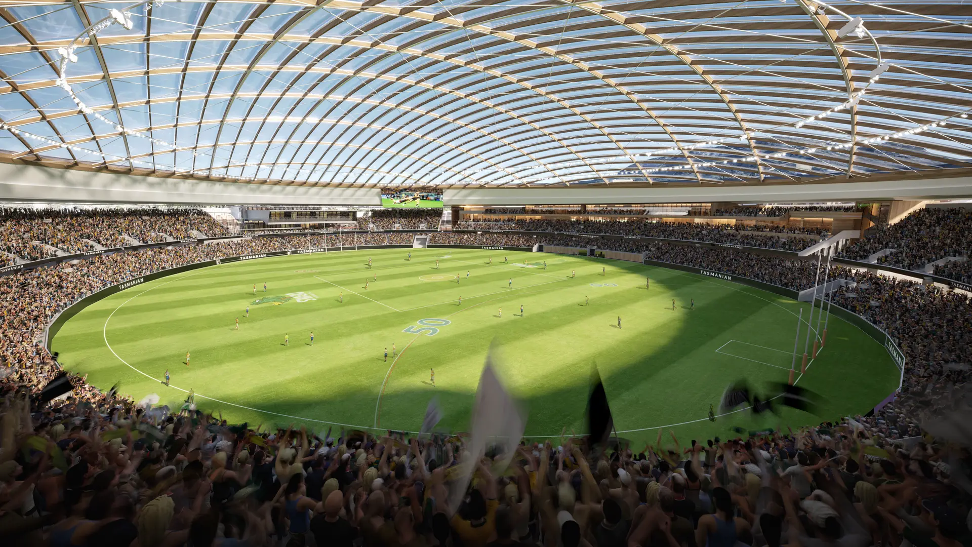 A rendered image of the interior of the stadium during day time.