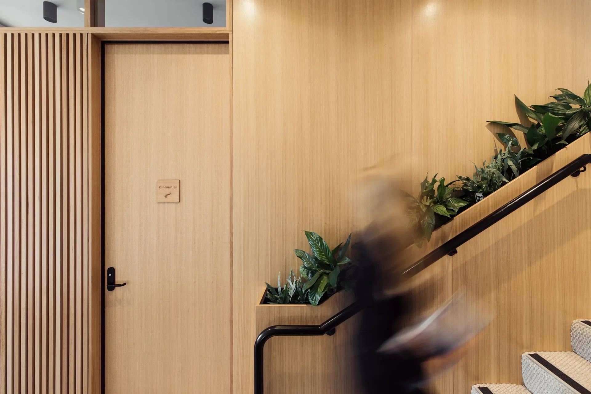 A staircase area featuring light timber wall paneling and a matching wood-slat door. A built-in planter box follows the slope of the stairs, filled with lush green plants alongside a sleek black handrail.