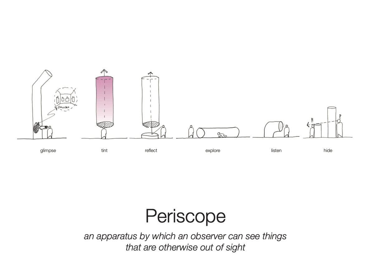 A closer foggy scene of the installation, pipes reflected in the still water pooling in the low cut off pipes closer to the ground. People are walking around and interacting with the space