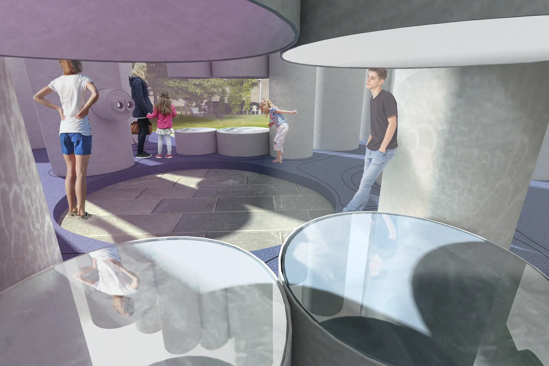 Further inside the installation, a central open circular space is created surrounded by the pipes. Light is broken entering the space with long staggered shadows of the pipes filling the area.