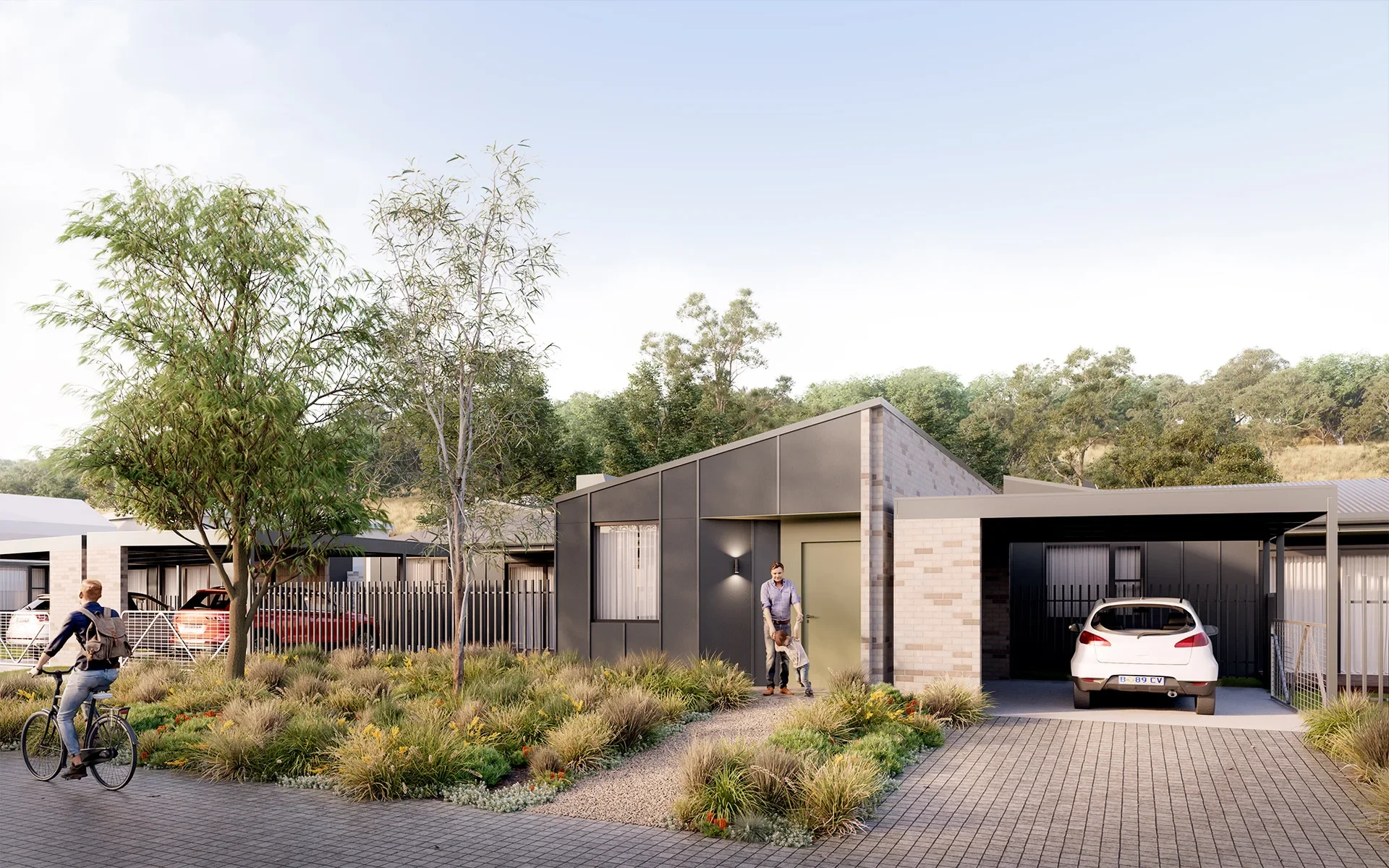 This architectural rendering shows a modern grey home with an olive green front door and a covered carport. A cyclist passes the property, which is landscaped with native grasses and tall trees under a bright sky.