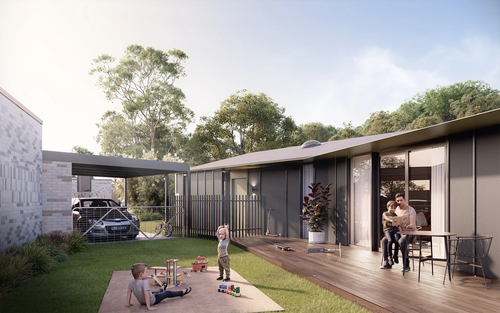 This architectural render shows a modern home with a wooden deck where a family is relaxing. Children play on the adjacent grassy lawn near a carport, all set against a backdrop of lush green trees under a clear sky.