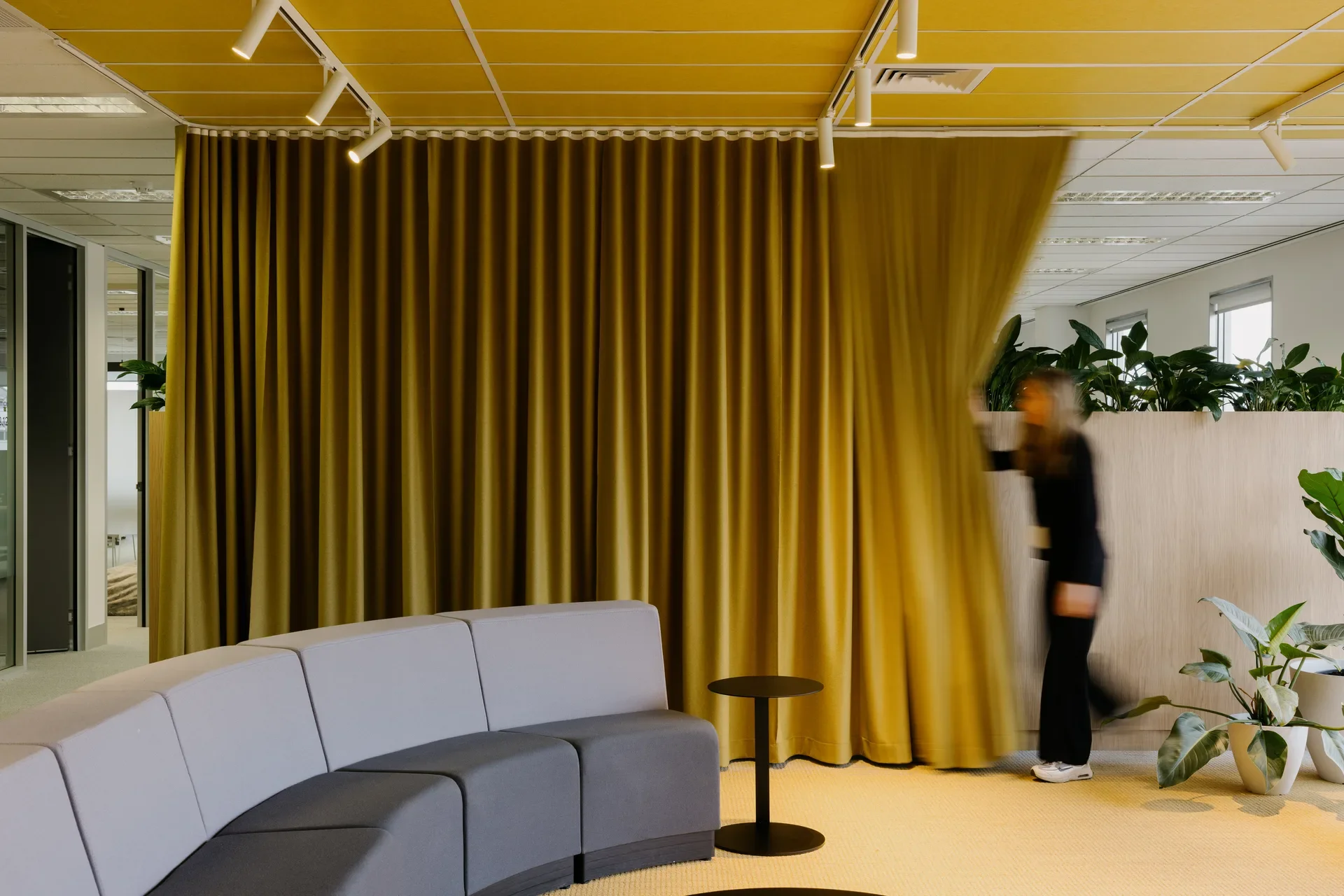 This office lounge features a curved grey modular sofa and a yellow floor-to-ceiling curtain that can be drawn to divide the space. The ceiling is a matching vibrant yellow with white track lighting, complemented by potted green plants.