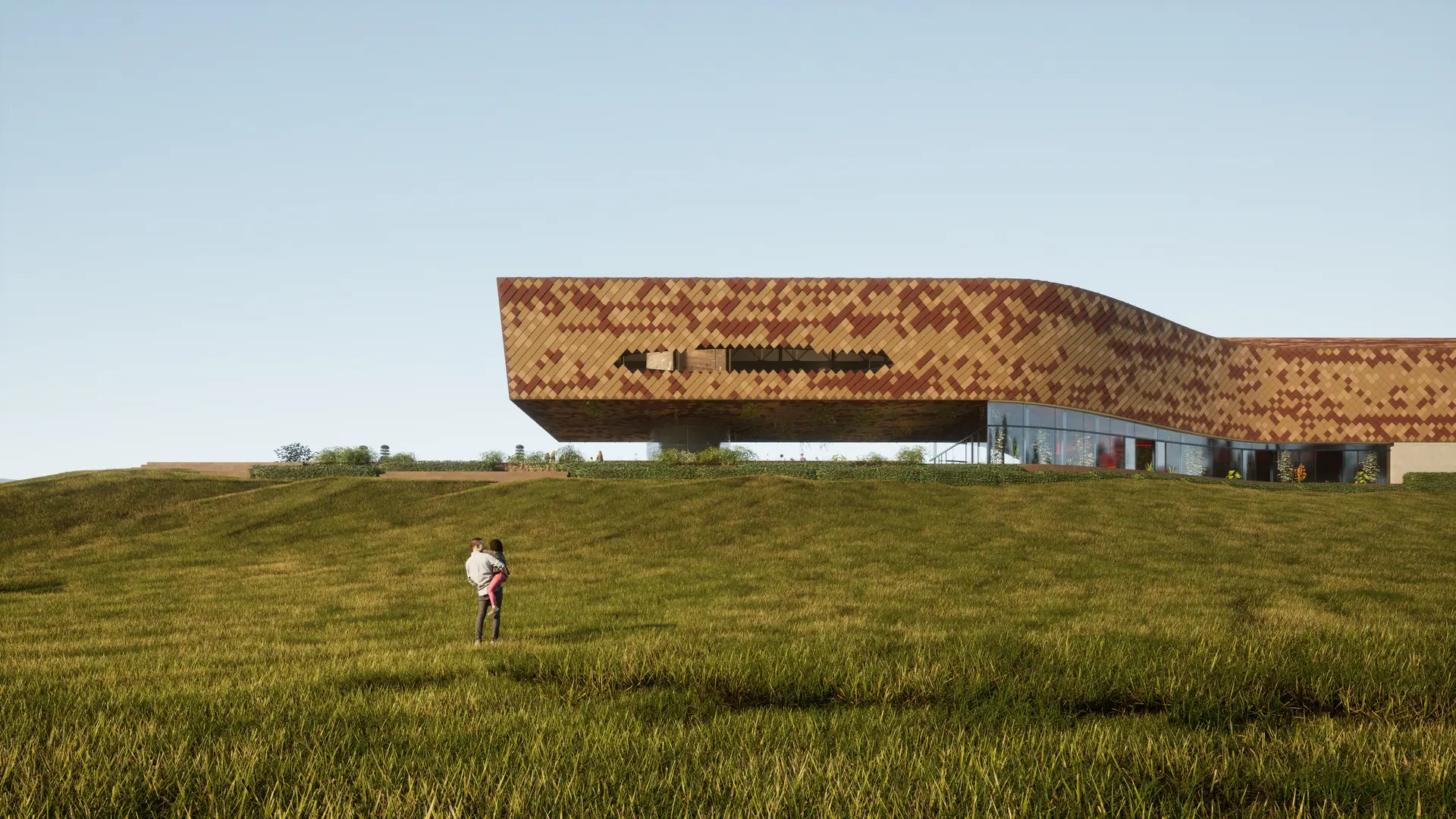 A close-up render of the roof and façade, capturing the continuous, undulating surface as pixelated tiles wrap seamlessly from wall to roof, expressing the building as a single, draped skin.