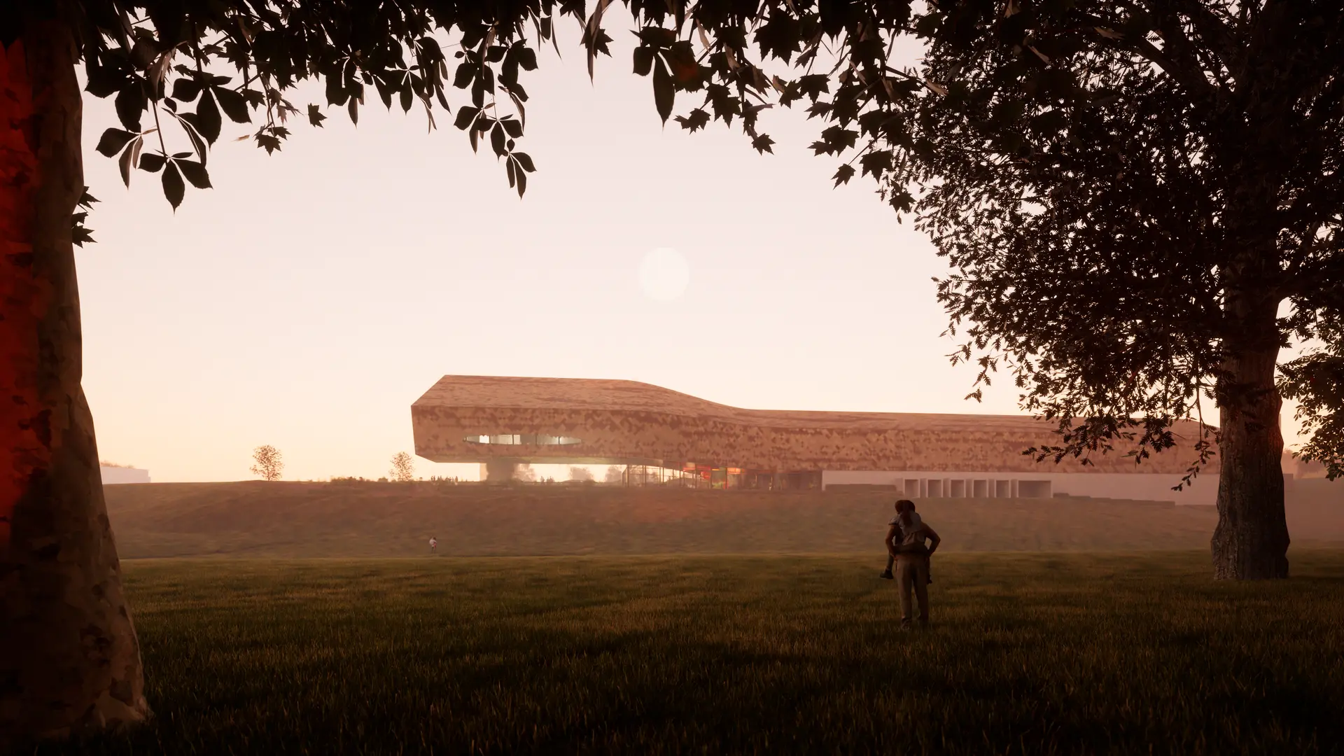 A distant rendered view of the distillery in the landscape, the elongated form appearing to unfurl like a gesture across the horizon, softened by haze and framed by trees, sitting lightly within its context.