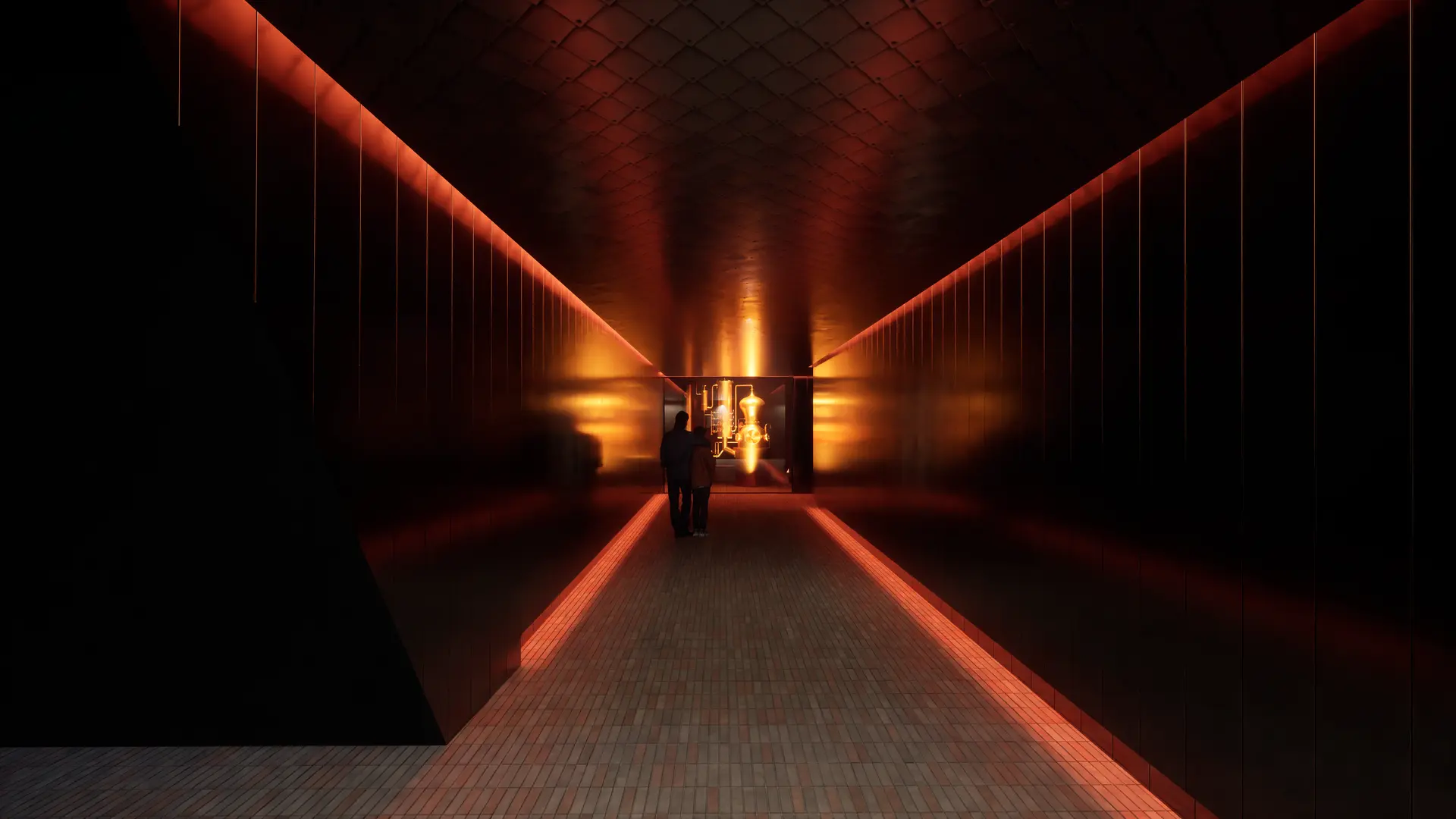A rendered internal corridor, dark and immersive, where linear bands of red light guide visitors forward toward a glowing distillation chamber, heightening the sense of procession and reveal.