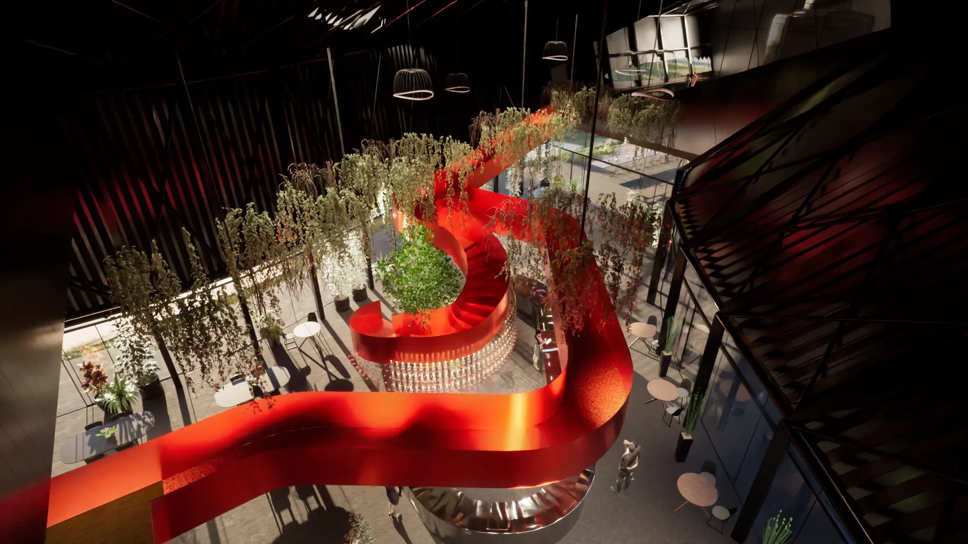 An overhead rendered view of the central interior, where a sculptural red ribbon staircase spirals through the space, connecting levels and programs while integrating planting, circulation and moments of pause.