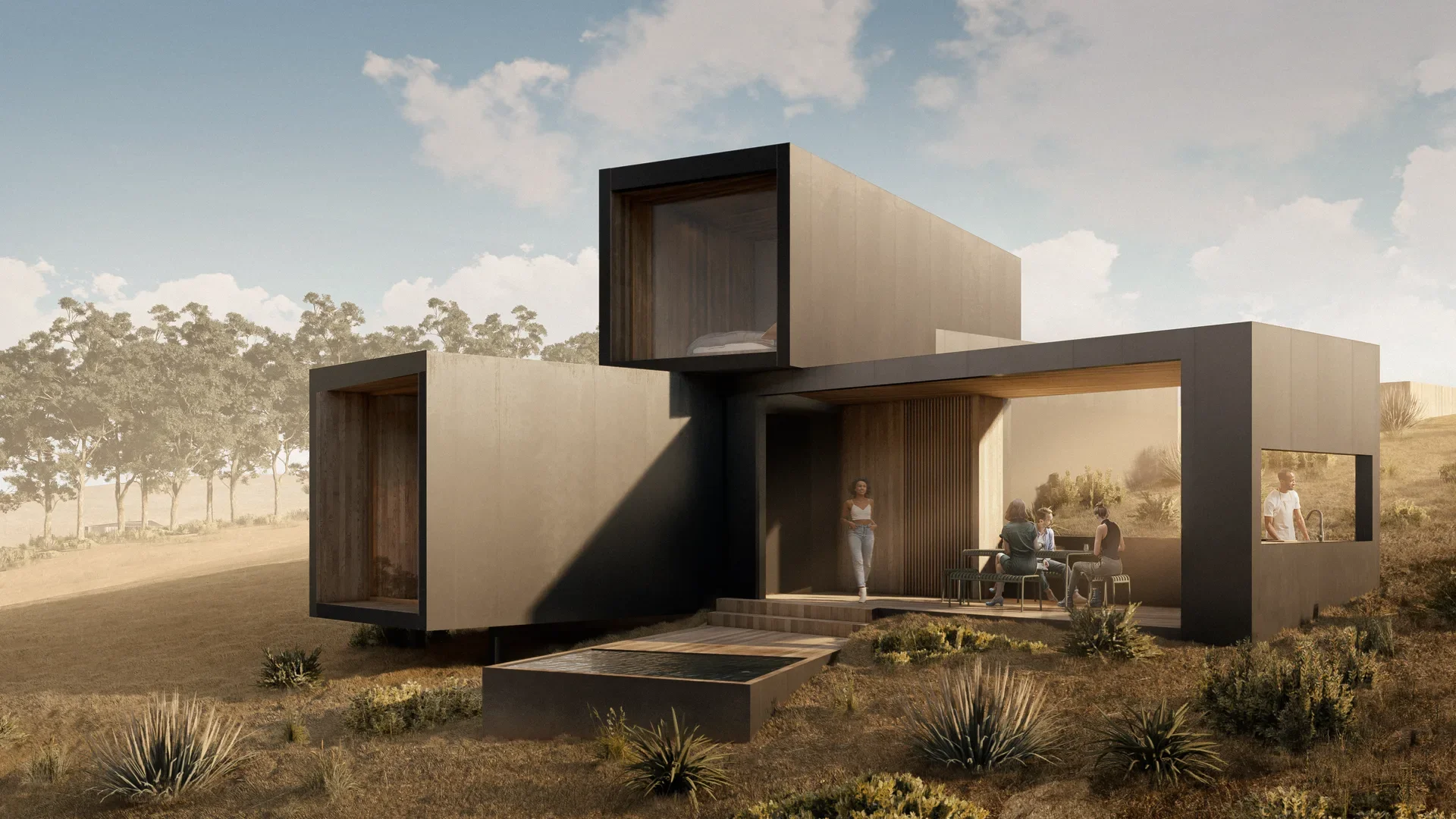 A geometric cabin with dark metal cladding and warm timber accents, nestled in a grassy, rugged landscape. The home features multiple stacked pods with large, floor-to-ceiling windows that offer views of a bedroom inside.