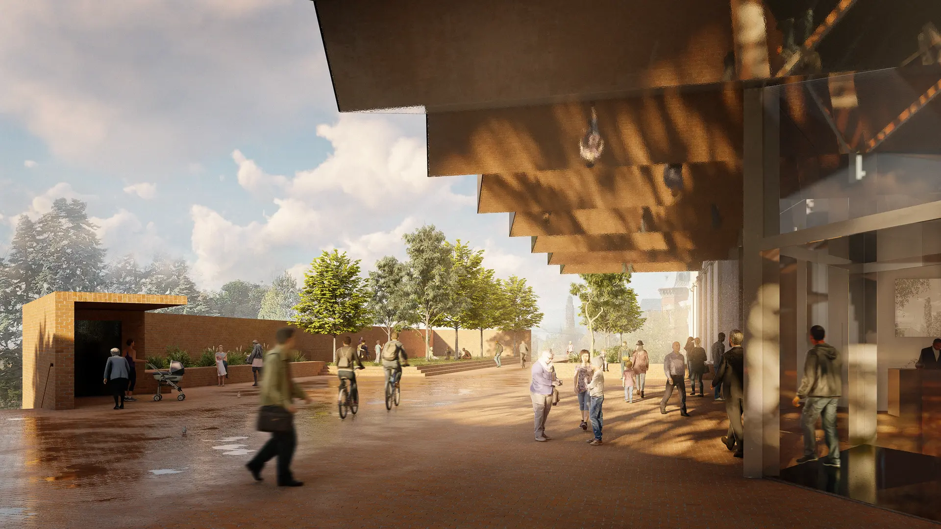 An architectural render from a street-level perspective, showing a brick-paved forecourt and planting. The gallery addition projects overhead as angular metal forms with serrated edges and deep eaves, a mirrored finish on its soffit reflecting people moving through the public plaza while large glazed openings reveal a gallery foyer within.