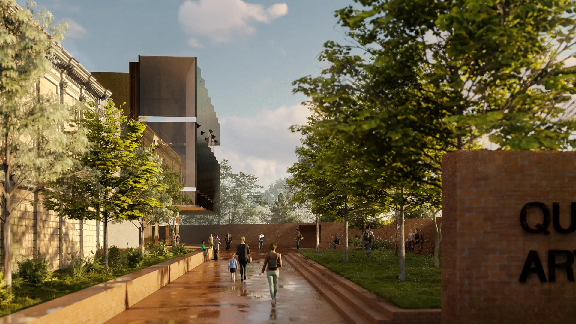 An architectural render from a ground-level exterior perspective, looking along a landscape entirely composed of warm brick, lined with low retaining walls, native planting and trees – the community inhabiting the space. The existing Royal Park Art Gallery sits to the left, while the addition of a facetted tall building form connects to the exterior wall and extends above, its facetted dark metal cladding has large glass openings and elevated above the ground plane with an overhang to the foyer entrance below.