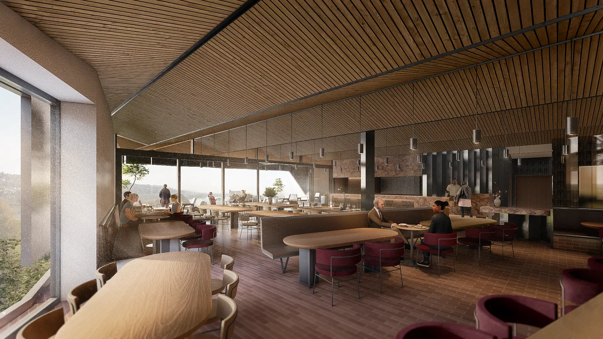 An architectural render from an eye-level interior perspective, showing the upper-level restaurant with a geometric, slatted timber ceiling, exposed steel columns and brick floor tiles. Curved timber booths, loose tables and upholstered maroon chairs are arranged across the space, with pendant lighting overhead and full-height glazing opening to panoramic views over Launceston. The scene is warm and atmospheric with evening light.