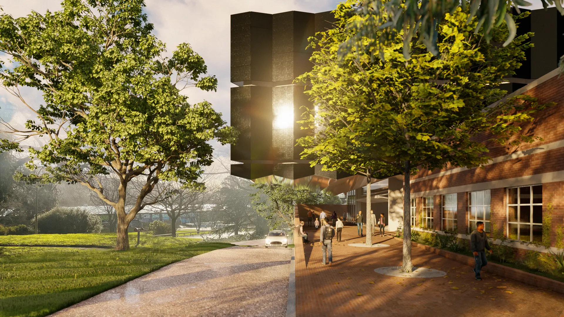 An architectural render from a street-level perspective, showing a brick-paved forecourt and planting. The gallery addition projects overhead as angular metal forms with serrated edges and deep eaves, a mirrored finish on its soffit reflecting people moving through the public plaza while large glazed openings reveal a gallery foyer within.