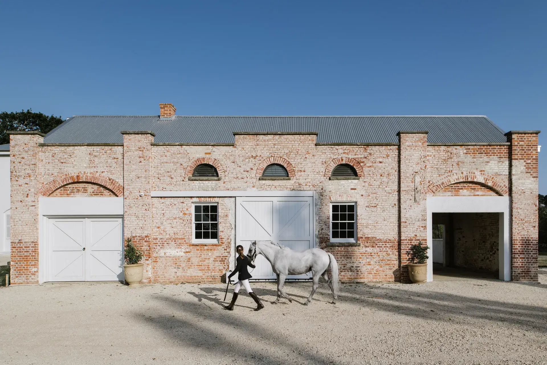 A woman leads a white horse past a long historic brick stable with white barn doors and arched windows. The building features a grey corrugated metal roof and sits on a gravel path under a clear blue sky.