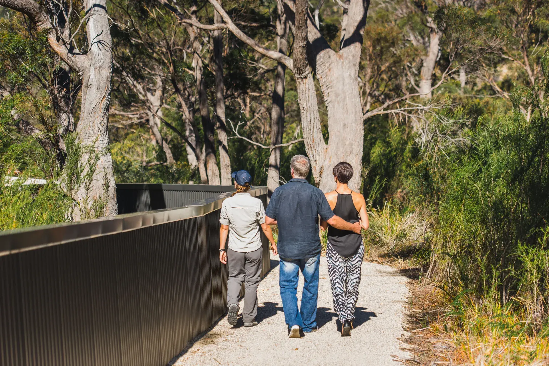 A group of three people walks away from the camera along a gravel path bordered by a dark, corrugated metal fence. They are surrounded by a dense eucalyptus forest with tall, slender trees and lush green undergrowth under bright daylight.