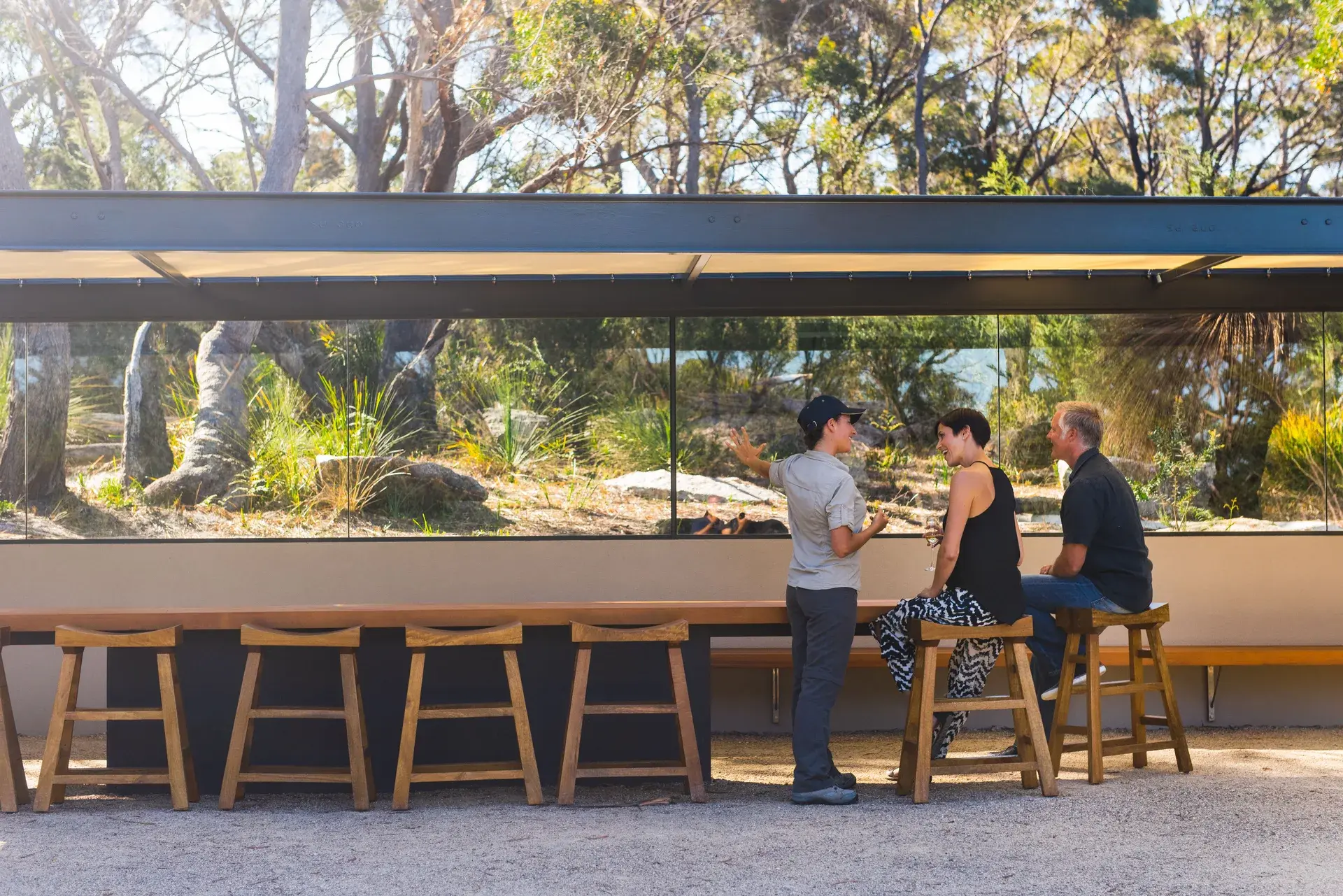 Three people are gathered at a long outdoor wooden bar with several backless wooden stools. The bar is set against a large glass window that reflects the surrounding eucalyptus forest, while a dark metal overhang provides shade for the seating area.