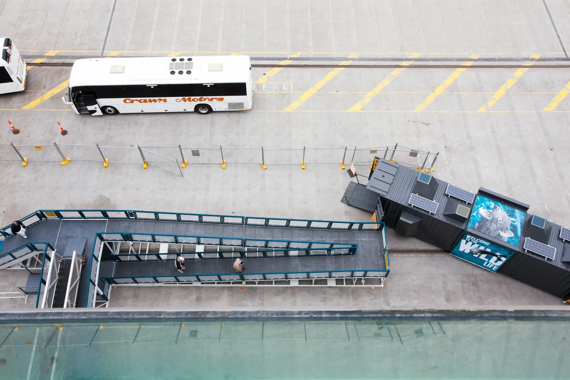 An aerial view of one of the ramps that leads down to the shelter.