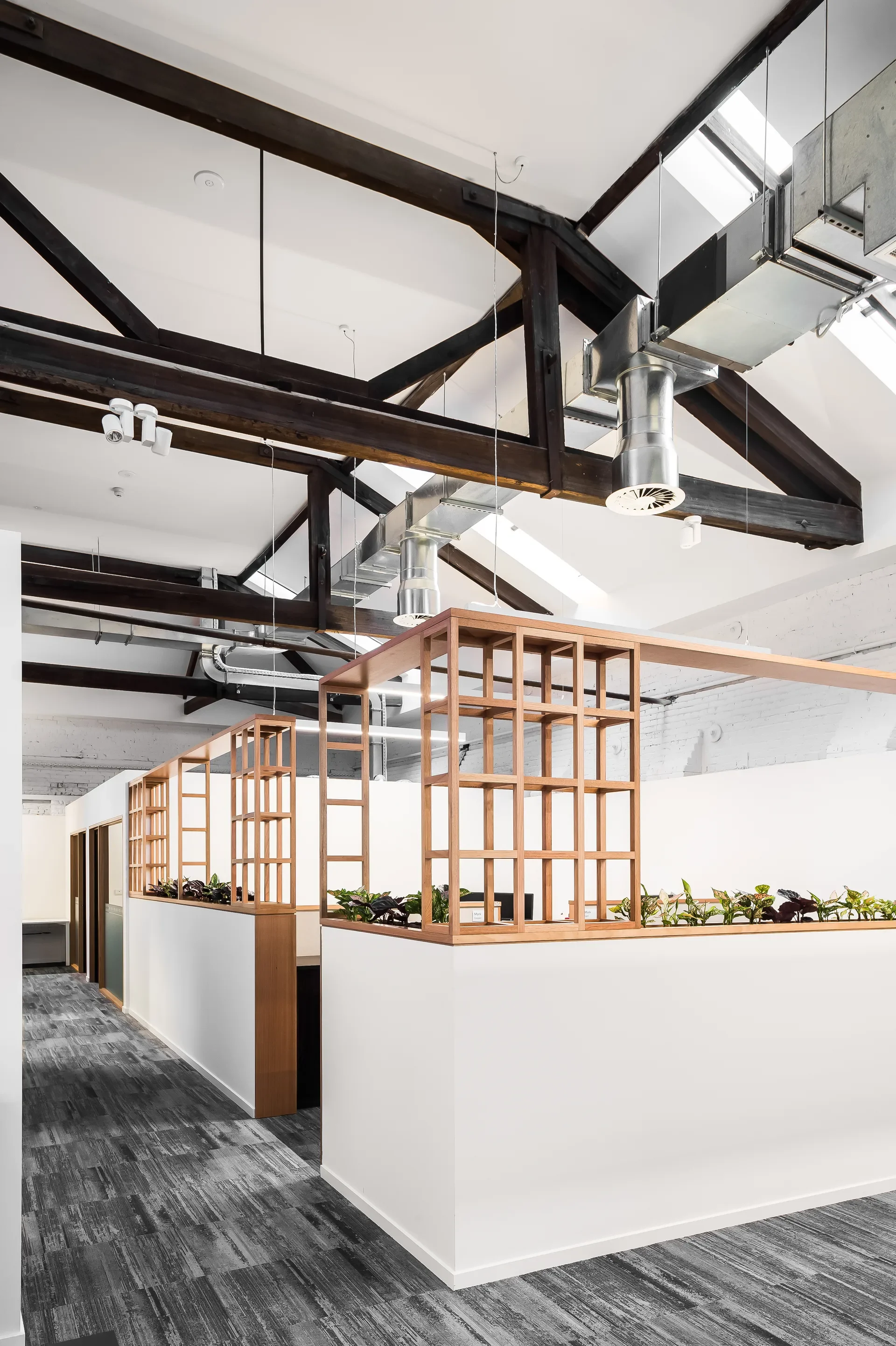 This bright, open office space features exposed dark wood trusses and an industrial ceiling with visible metal ductwork and skylights. Modern workstations are partially enclosed by white half-walls topped with light wood lattice shelving and small potted plants.