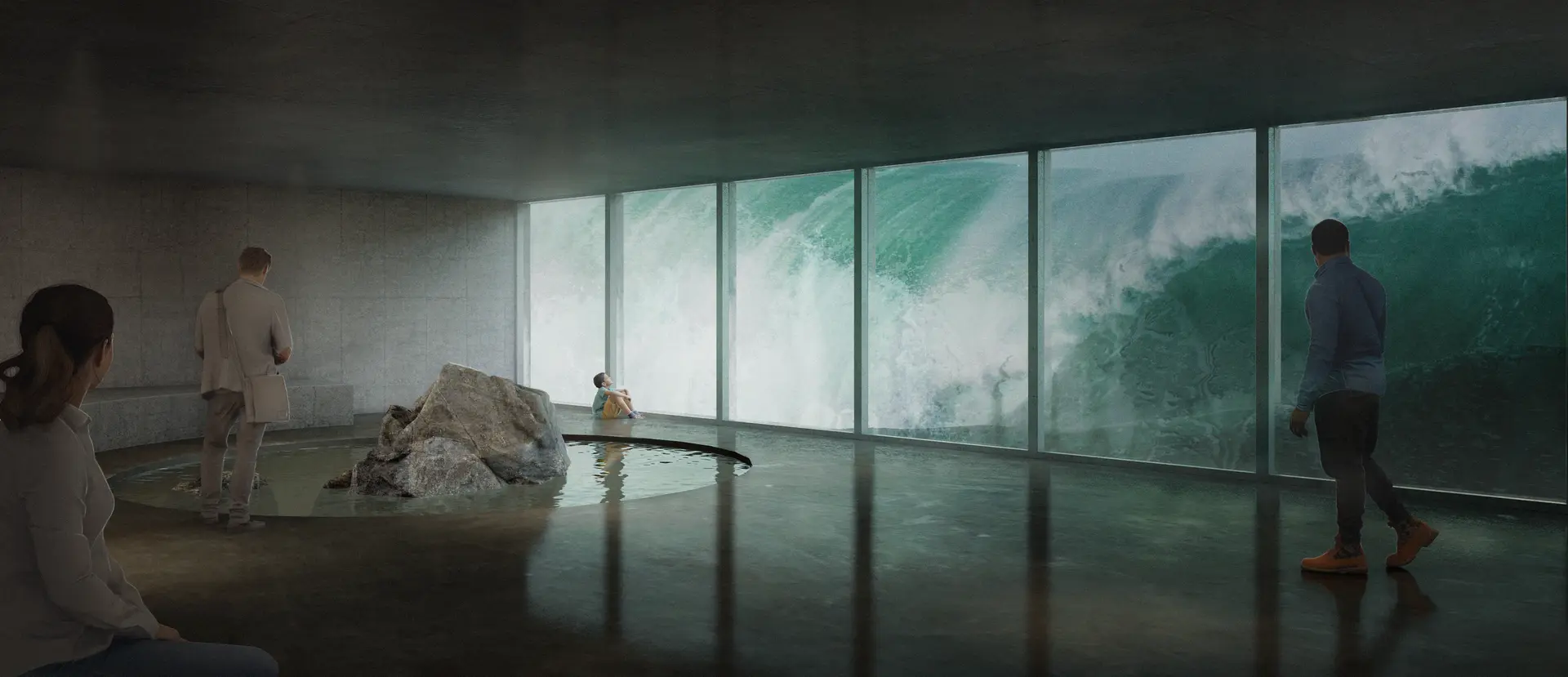 An interior architectural render from a low, eye-level perspective within a dim, concrete chamber, oriented toward a full-height glazed wall facing the ocean. Large waves crash directly against the glass, filling the space with diffuse green-blue light. A shallow reflective pool with a central rock occupies the foreground, while visitors sit and stand quietly around the perimeter, contrasting the calm, contemplative interior with the force of the surrounding sea.