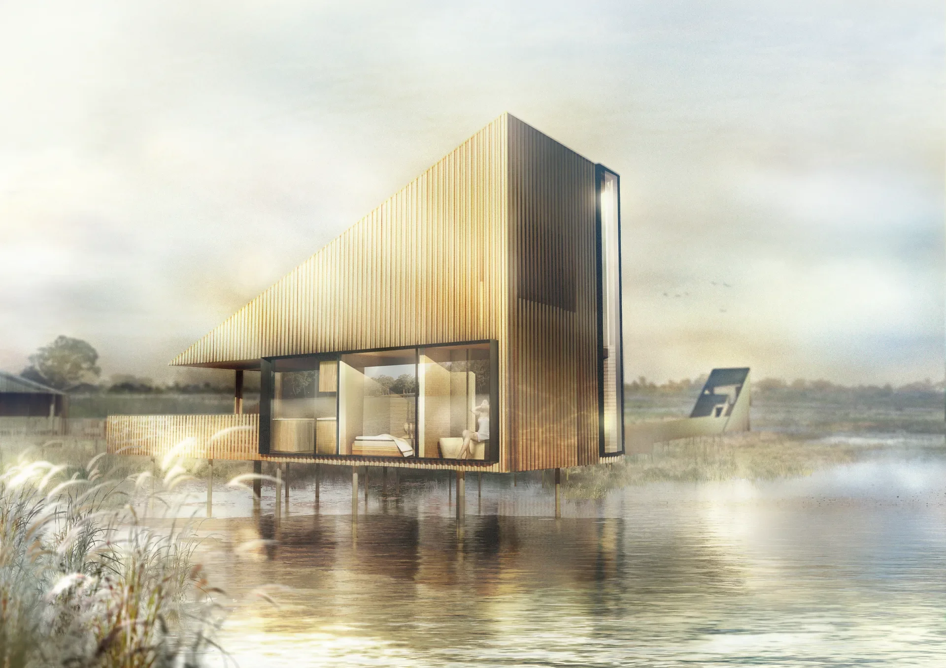 Architectural visualisation of a modern timber cabin on stilts, featuring a bold, angular roofline. Large windows reveal a warm, minimalist interior overlooking a tranquil wetland under a soft, hazy sky.