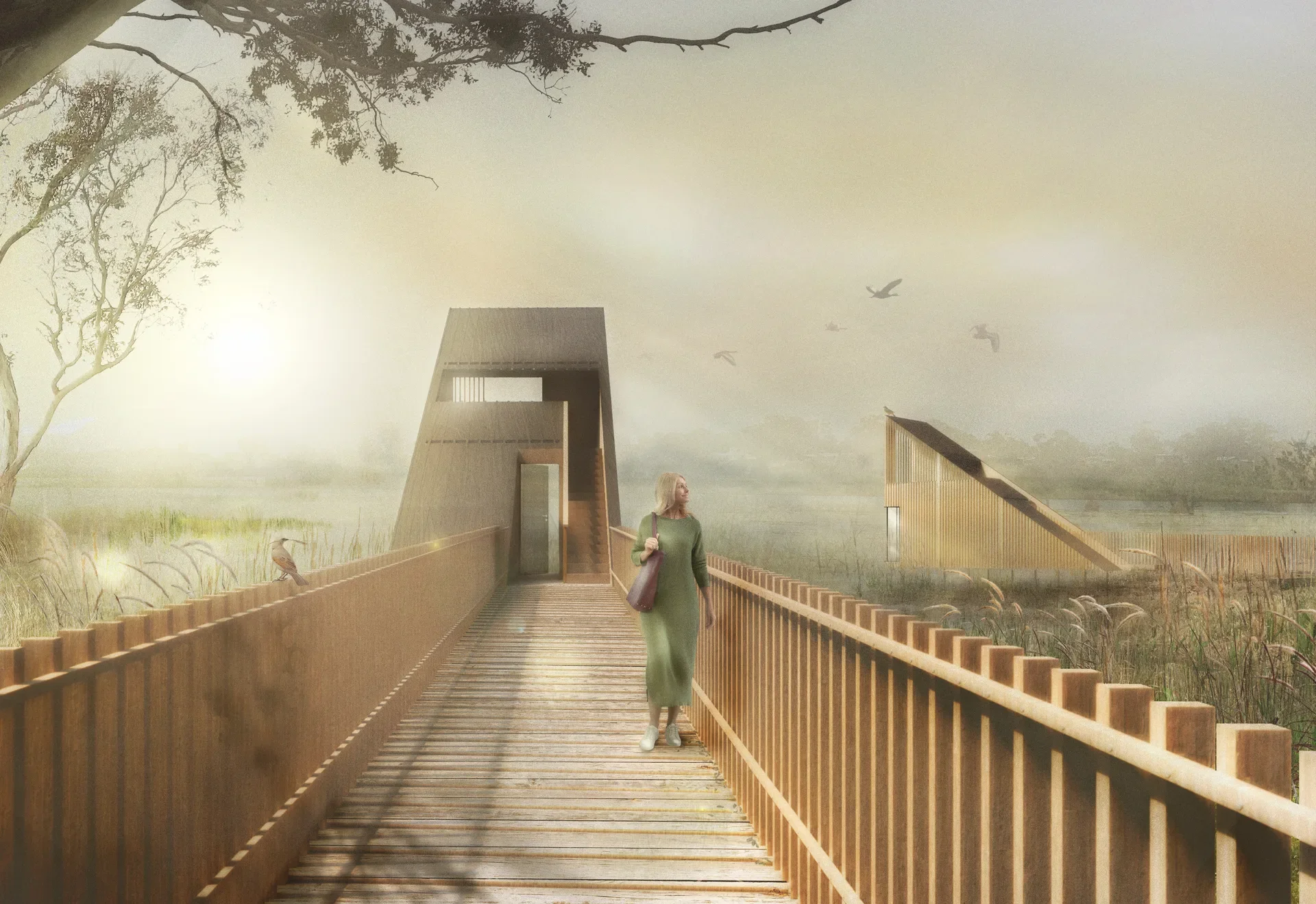 A woman walking along a timber boardwalk towards a modern bird hide. The path leads through a misty wetland under a warm, hazy sun with birds in flight.
