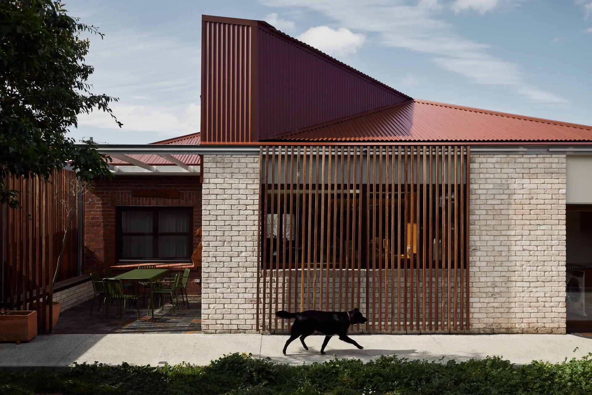 This modern exterior features a mix of white brick and a red corrugated metal roof with a striking vertical peak. A large window is screened by slender timber slats, and a black dog walks along the concrete path in the foreground.
