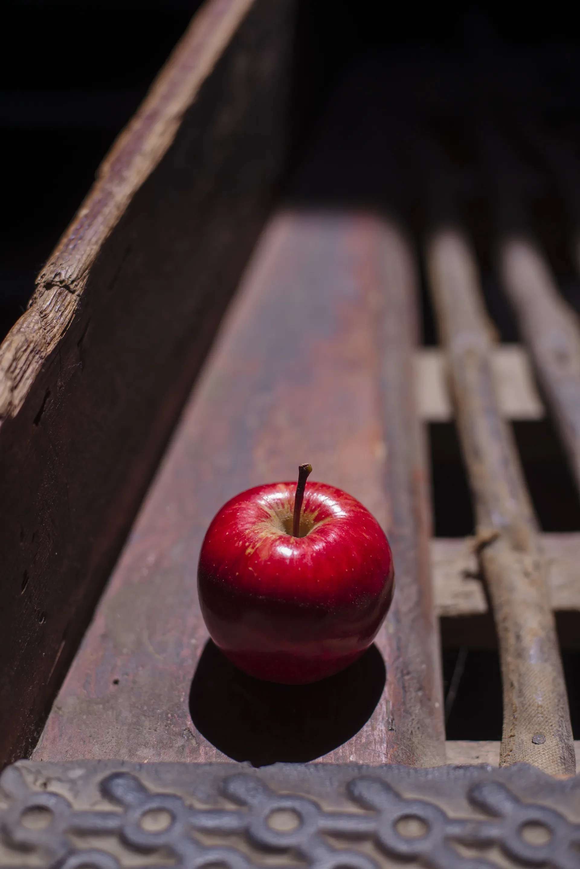 A single bright red apple sits on a weathered, dark wooden surface under dramatic, high-contrast day lighting.