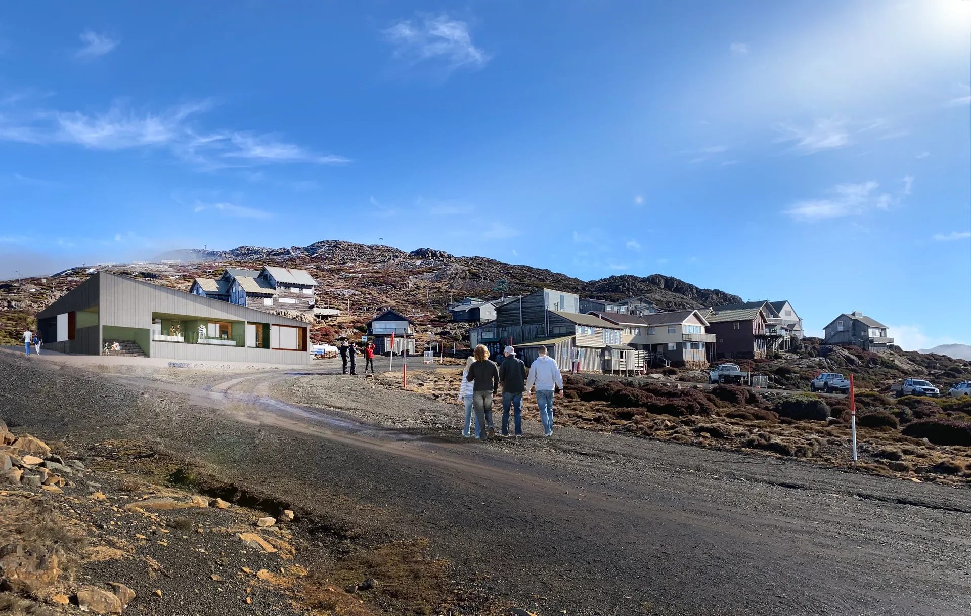 Rendered image of the new shelter surrounded by the Ben Lomond village.