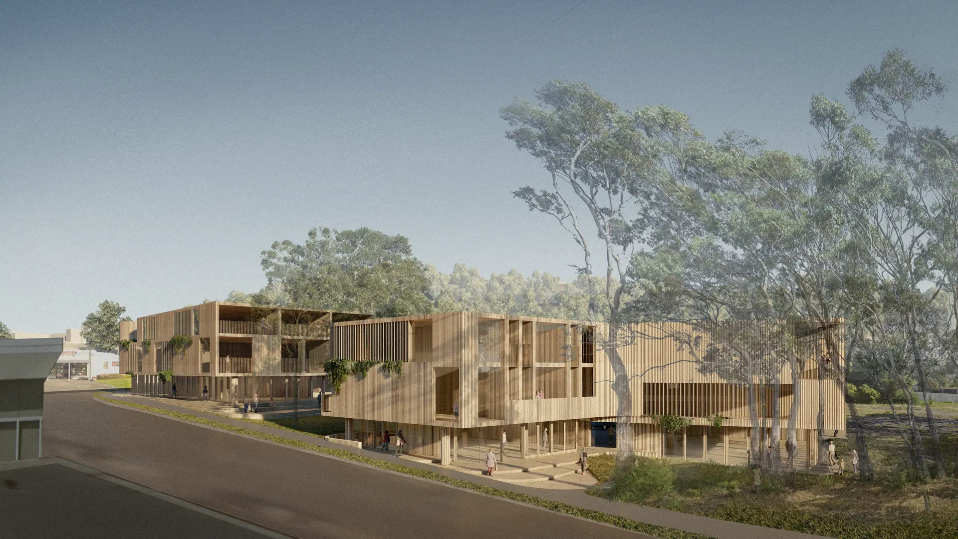 A rendered image of the proposed development showing naturally finished timber of the facades.