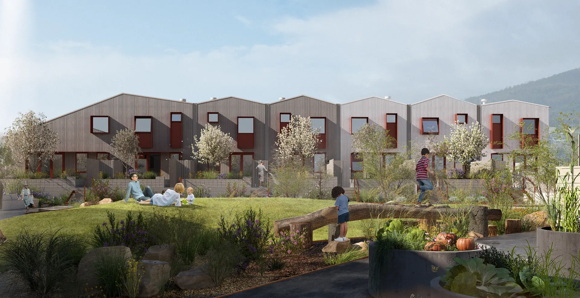 Rendered image of the courtyard and exterior of the new apartments that are currently under construction.