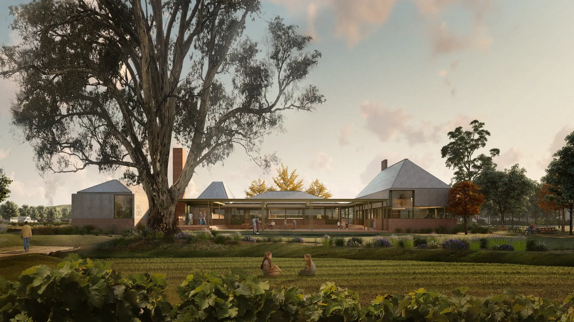 Rendered image with the tobacco drying kilns inspired roof forms set into a beautiful landscape with old eucalyptus and parklands.