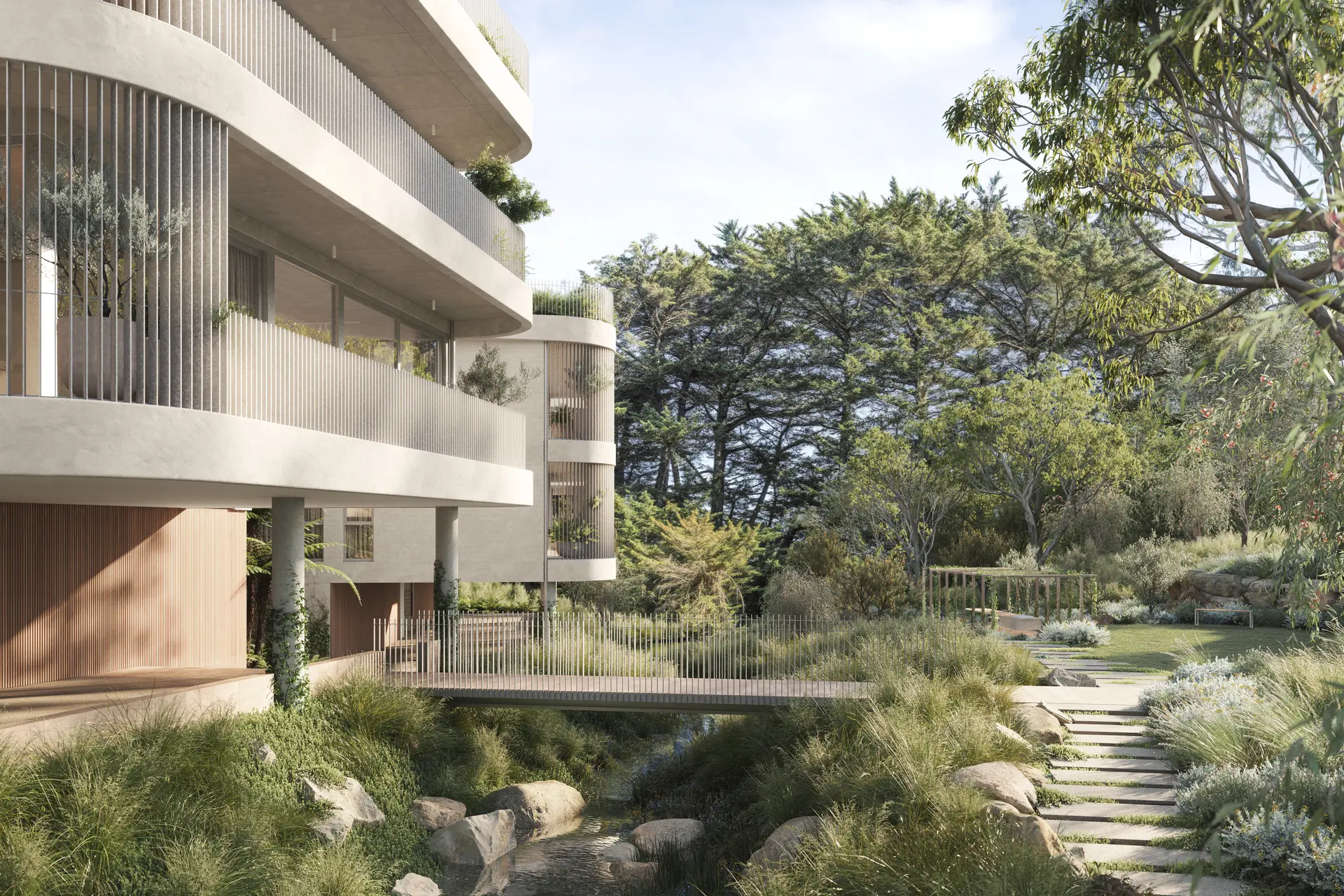 An architectural render from a garden-level perspective, showing curved, off-form concrete apartment forms elevated on slender columns beside a landscaped rivulet, with a lightweight pedestrian bridge crossing between planted edges. Native grasses, boulders and soft groundcover sit within a naturalised creek bed, reinforcing the integration of the building with the site.