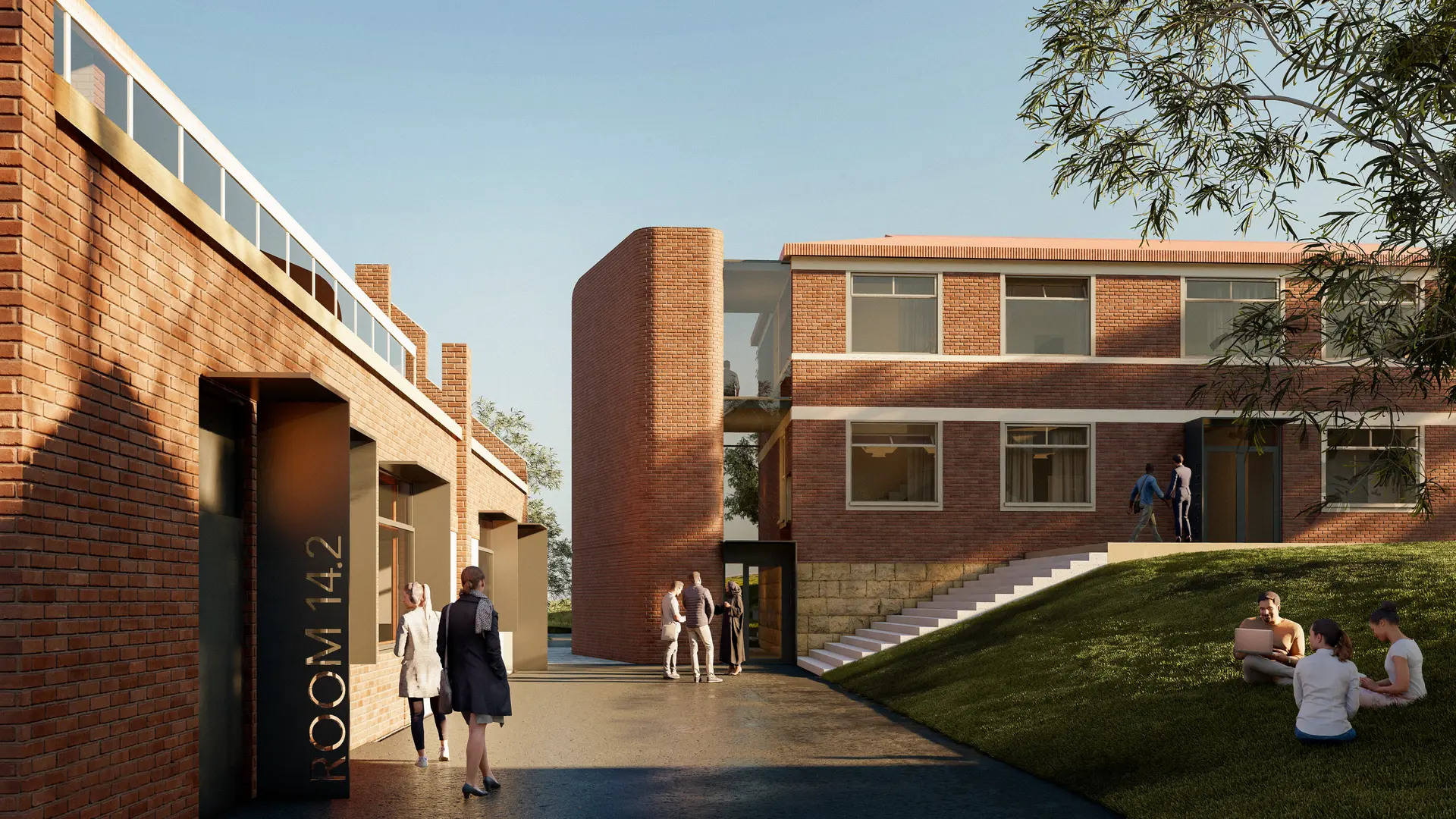 A rendered courtyard view of the UTAS Graphics and LARC buildings, where existing brick volumes are extended and connected through a series of carefully inserted elements, including a curved brick stair tower and recessed entry thresholds. New interventions sit quietly within the heritage fabric, framing circulation and informal gathering spaces as students move between buildings and occupy the landscaped edge.