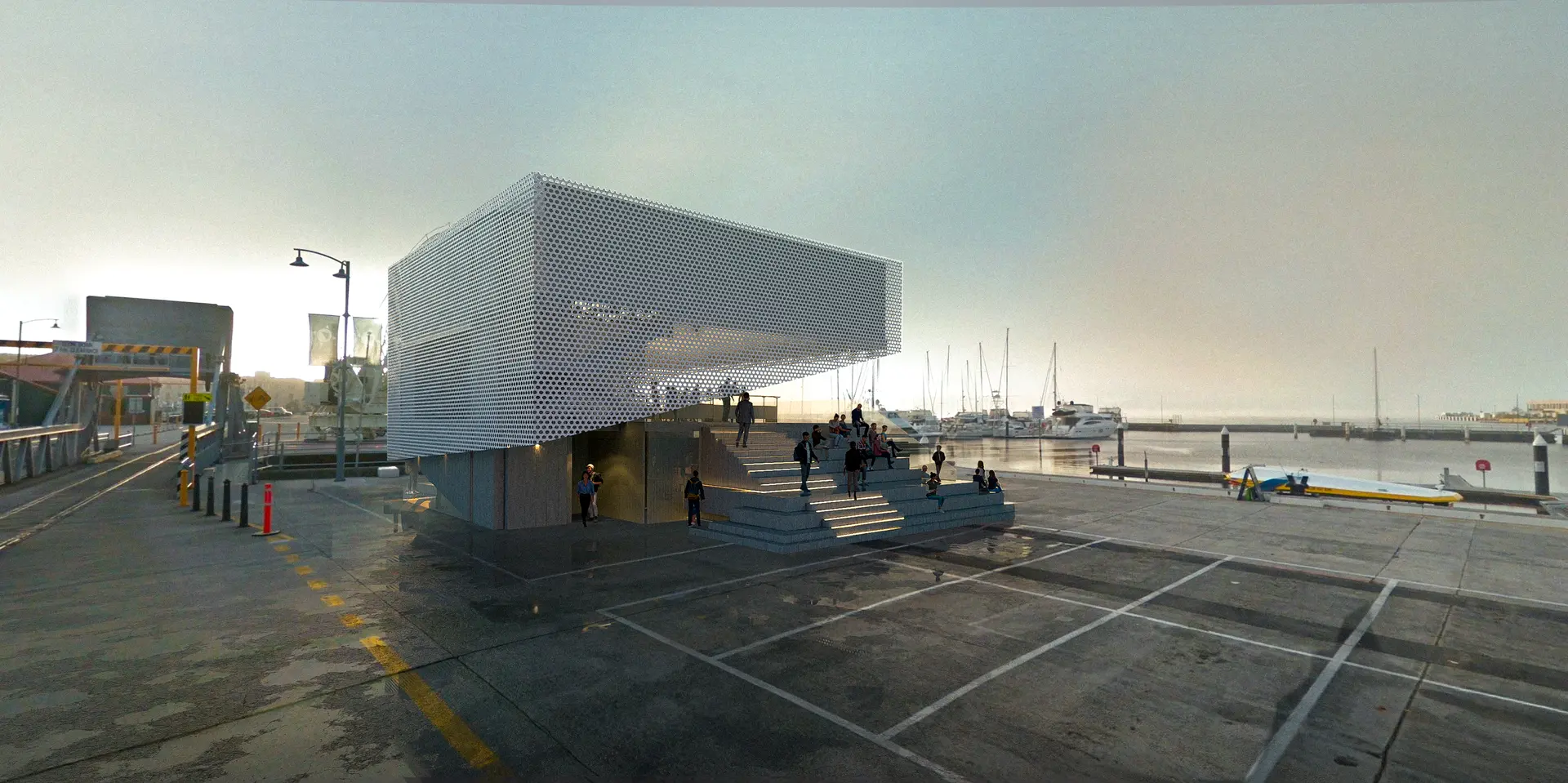 Composite image illustrating the building's translucent shroud and people gathering on the public steps, merged into a photograph of the Franklin wharf.