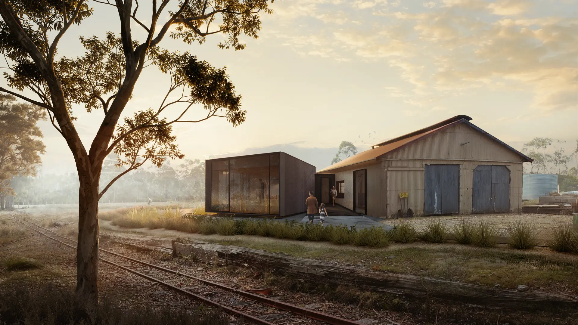Rendered image of the new visitor centre alongside the existing heritage railway workshop.