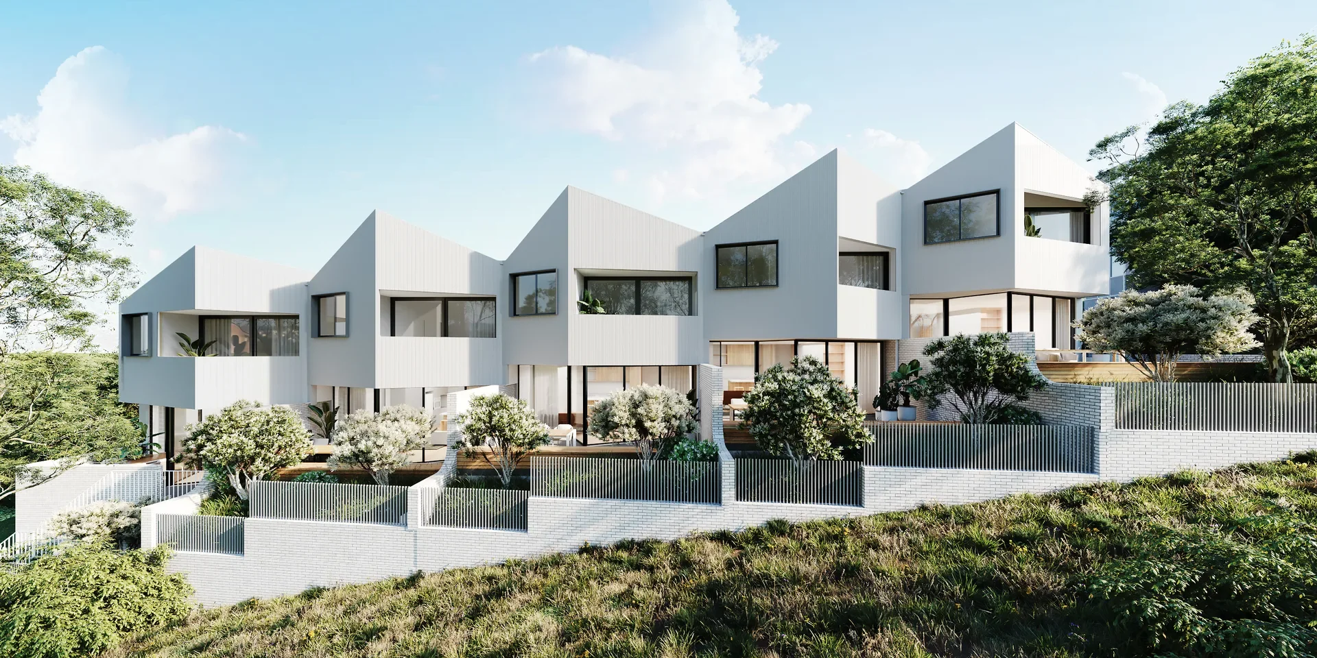 A rendered image of the townhouses as they step down the site.