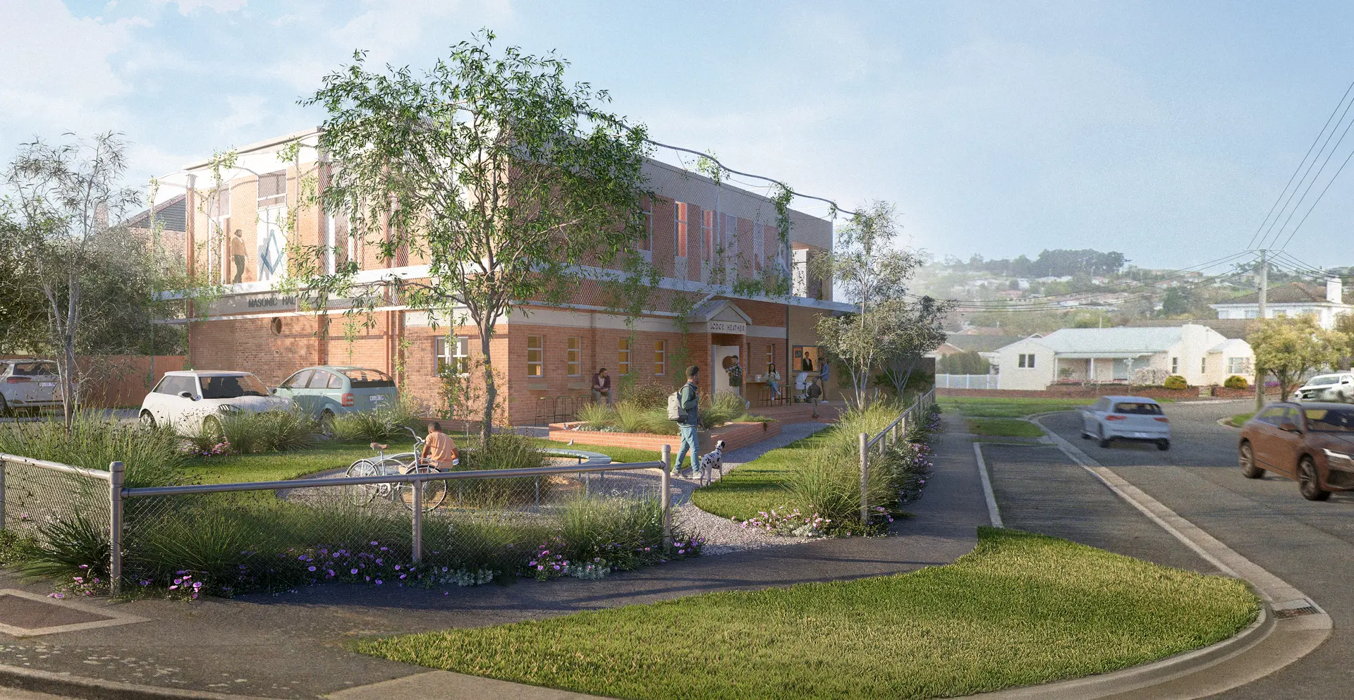 Rendered image of the new lightweight elevated walkway wrapping the first floor.