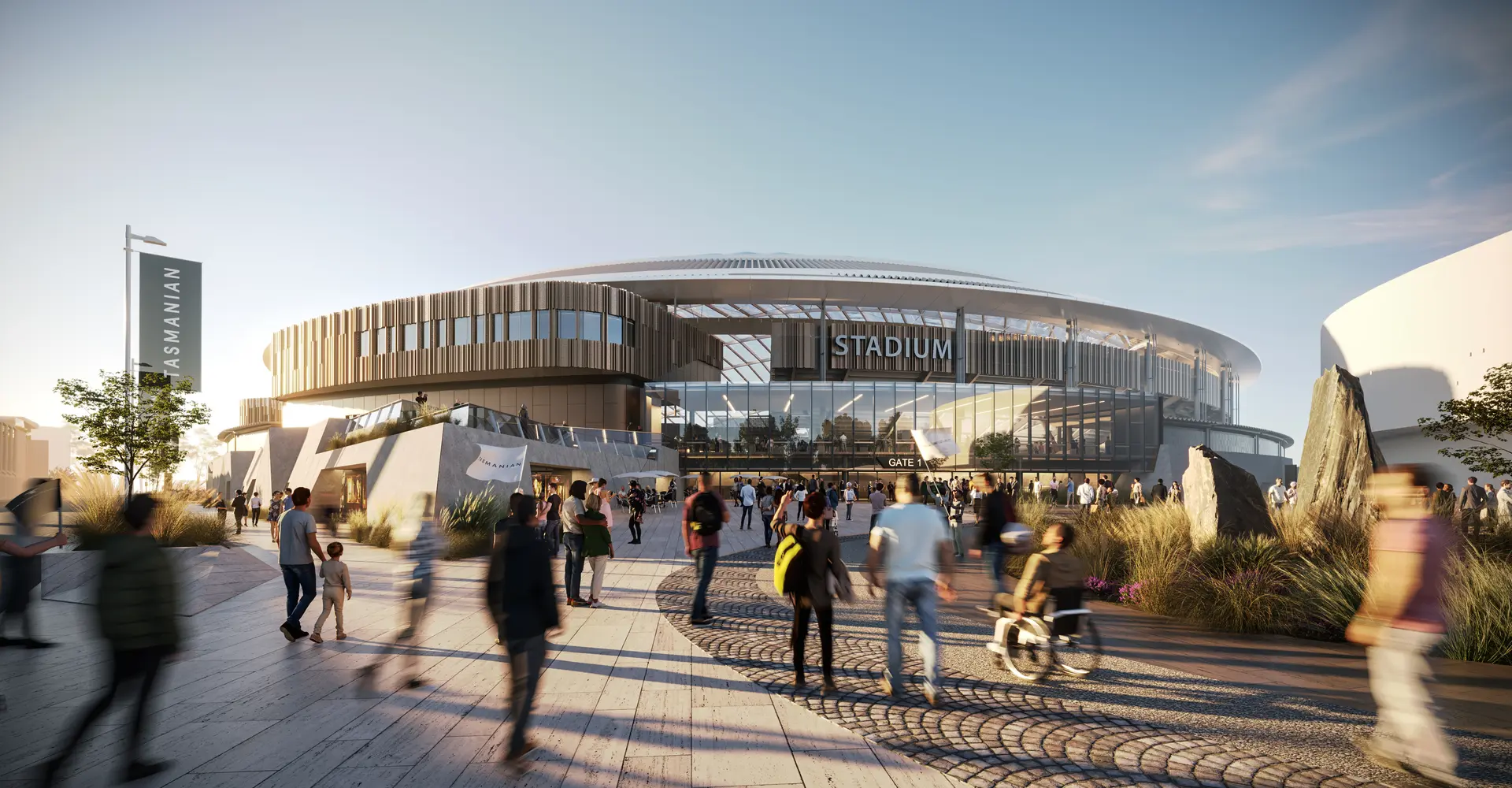 A rendered image of the exterior of the stadium from street level.