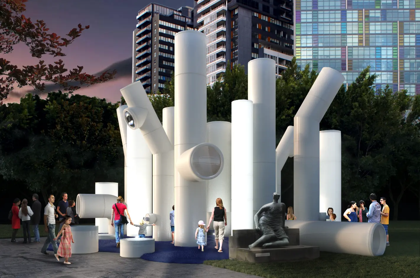 An architectural visualisation of vibrant urban play space featuring an installation of oversized, grey concrete-look pipes arranged vertically and horizontally. Water pools in some of the low level pipes, and neighbouring skyscrapers can be seen in the distance. It is a late evening scene showing some of the pipes illuminated, surrounding Henry Moore's famous 1958 bronze sculpture titled Draped seated woman.