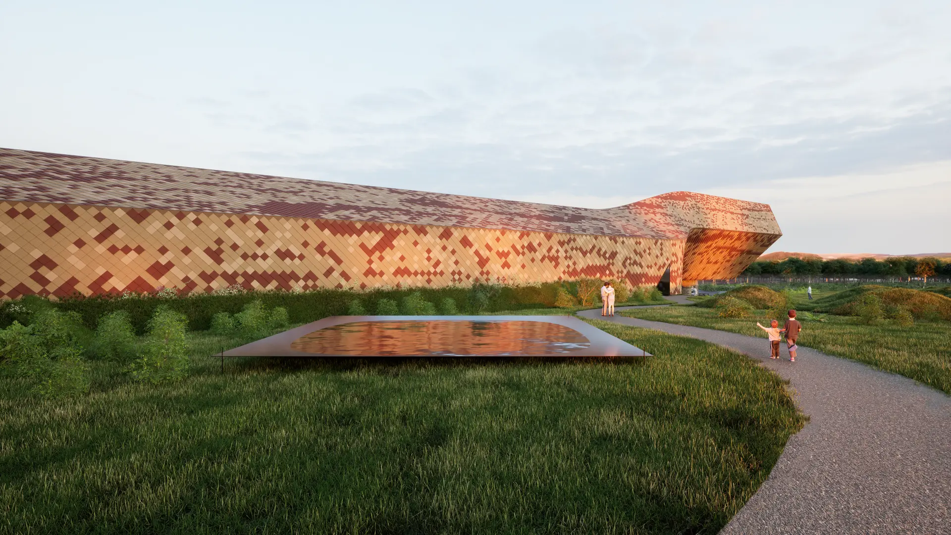 A rendered exterior perspective of Old Young’s Distillery, where a long, faceted volume stretches across a meadow, its pixelated terracotta snake-like skin shifting in tone as the form lifts, folds and subtly kinks along its length.