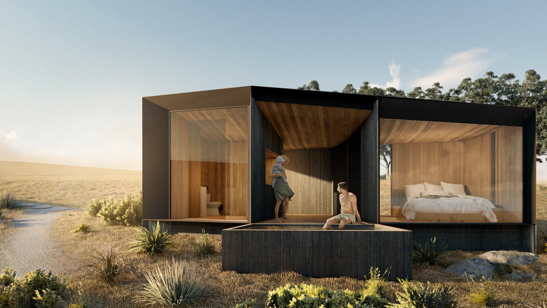 A geometric cabin nestled in a golden field at sunset. The structure features large glass panes revealing a minimalist timber interior, with a family relaxing by a built-in outdoor tub.
