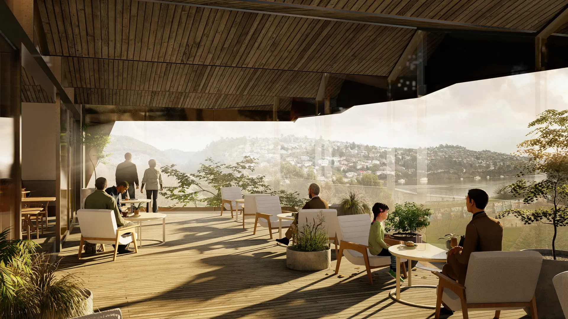 An architectural render from an eye-level perspective, showing a covered terrace with timber decking, lightweight steel structure and a slatted soffit. Loose lounge seating and small tables sit among integrated planters, with glazing pulled back to connect to the interior and views toward the meeting of the North Esk, South Esk and Tamar rivers.