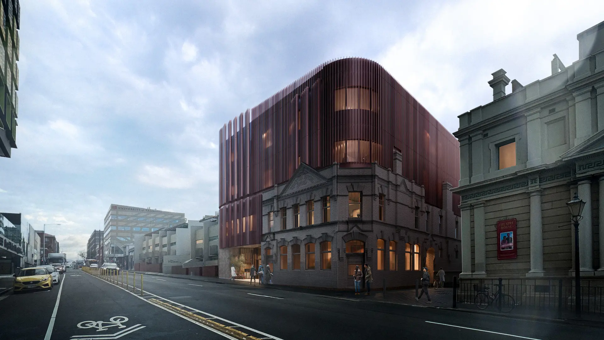 An architectural rendering of the new SHE Wellness Centre featuring a red slatted facade that curves above an existing historic stone structure.